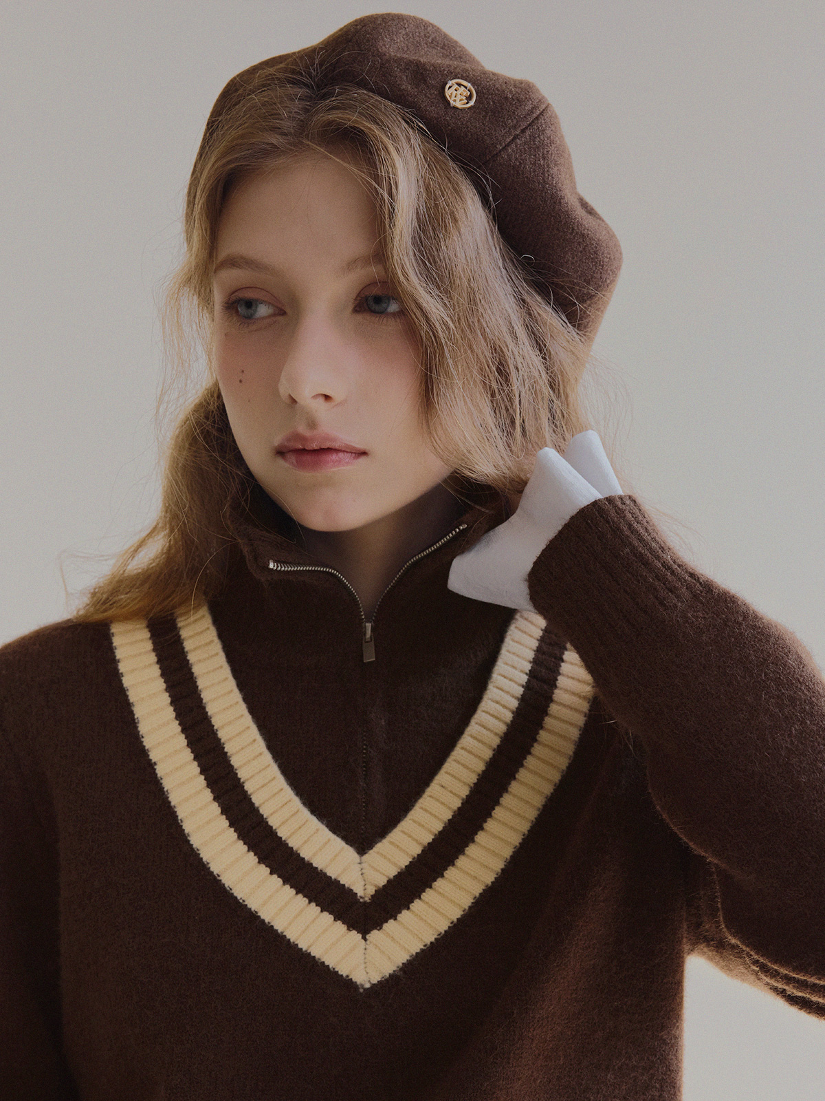 Mir Contrast High-Neck Half-Zip Knit