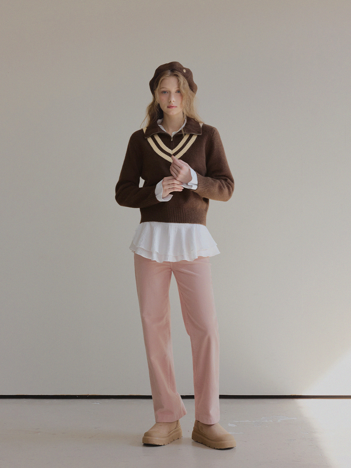Mir Contrast High-Neck Half-Zip Knit