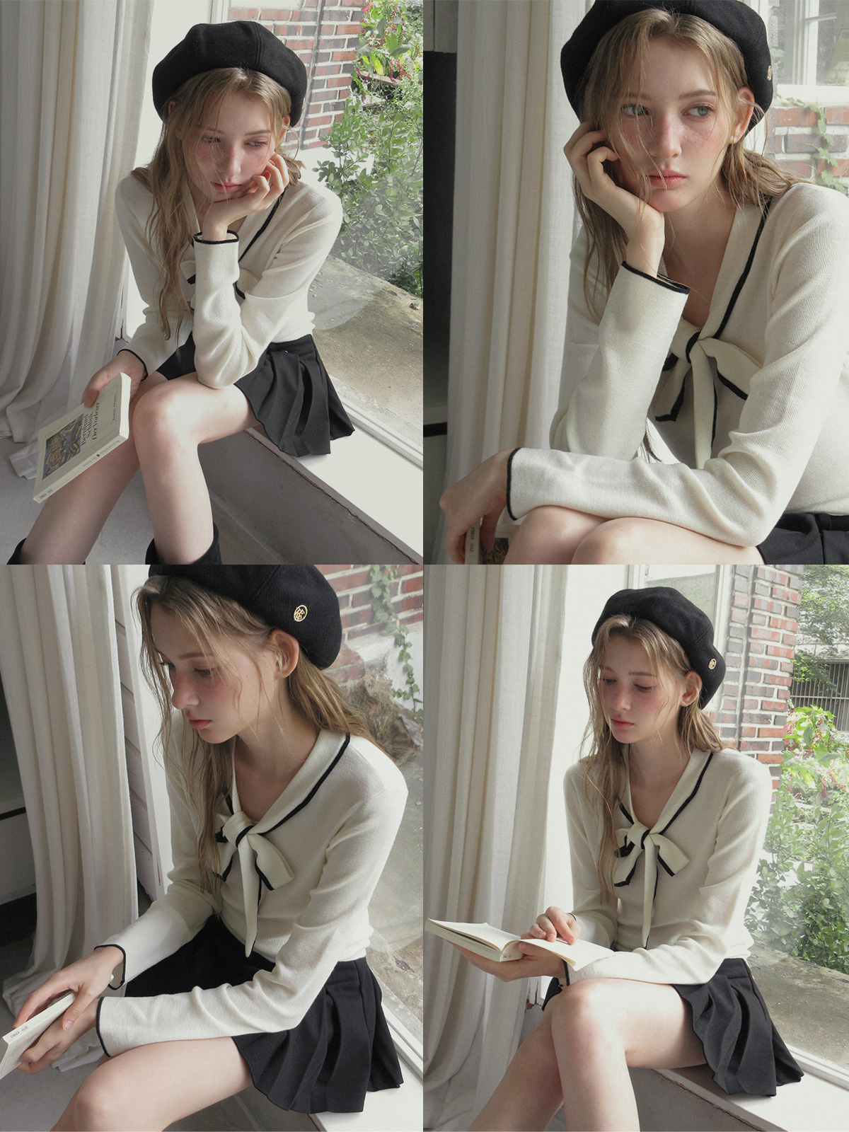 TWEE Poril contrast tie long sleeve knit - Model styling view