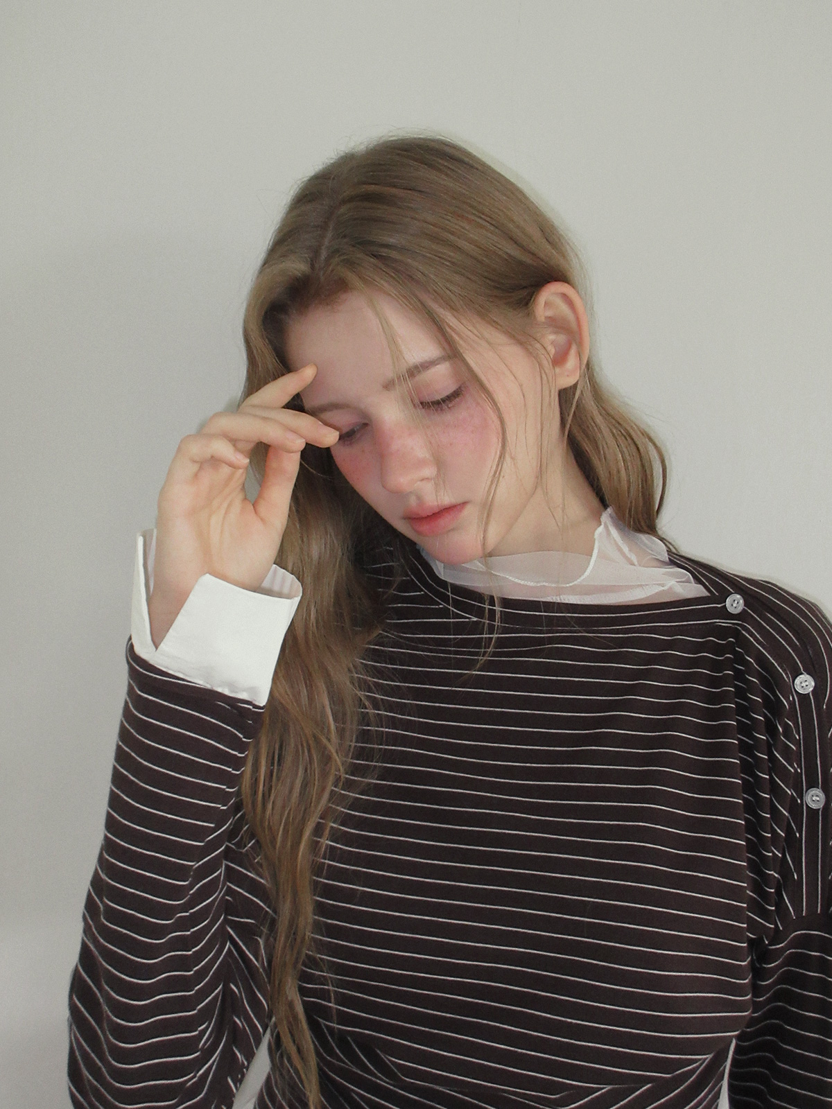TWEE Ribol shirt contrast button stripe long sleeve T-shirt - Model styling view