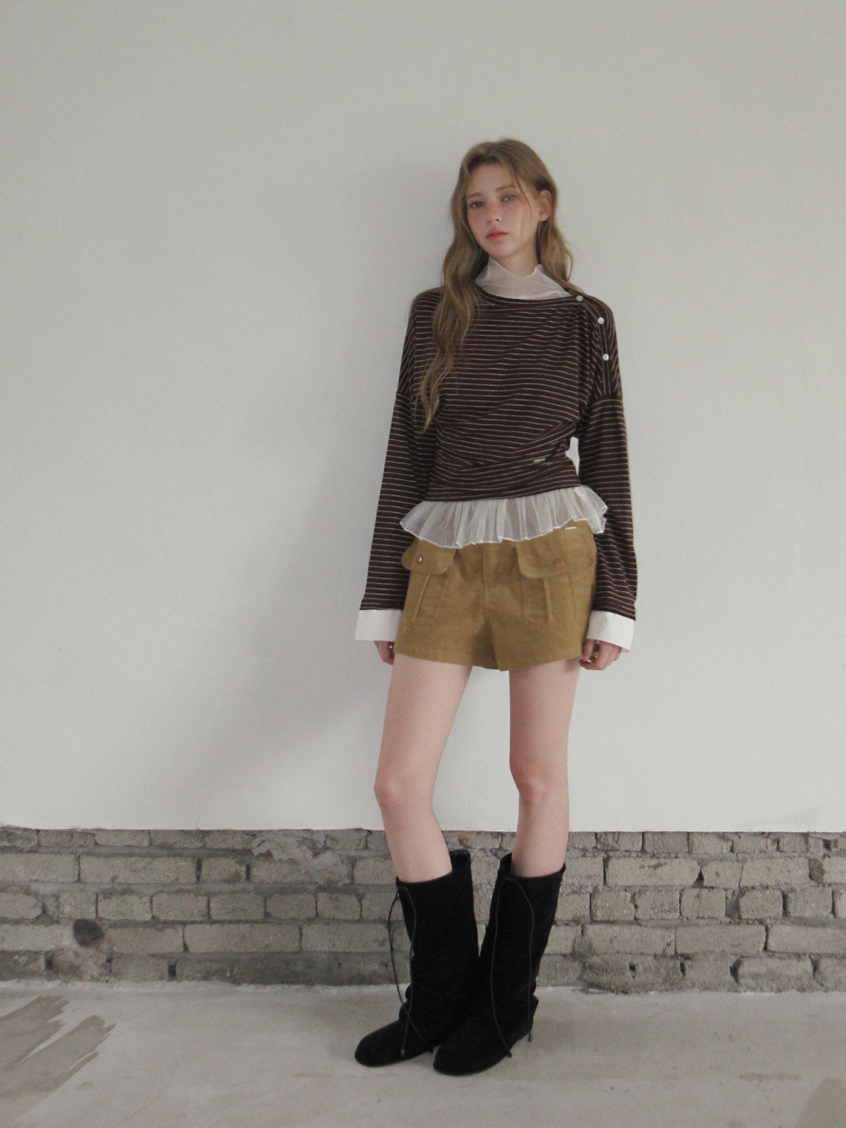 TWEE Ribol shirt contrast button stripe long sleeve T-shirt - Model styling view