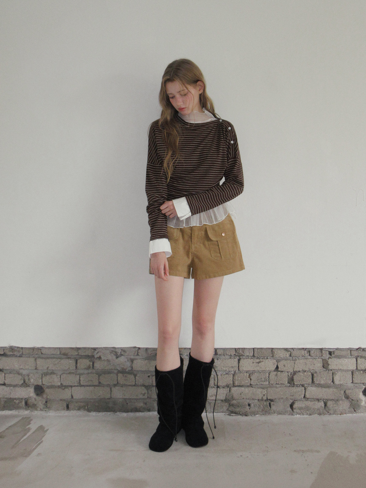 TWEE Ribol shirt contrast button stripe long sleeve T-shirt - Model styling view