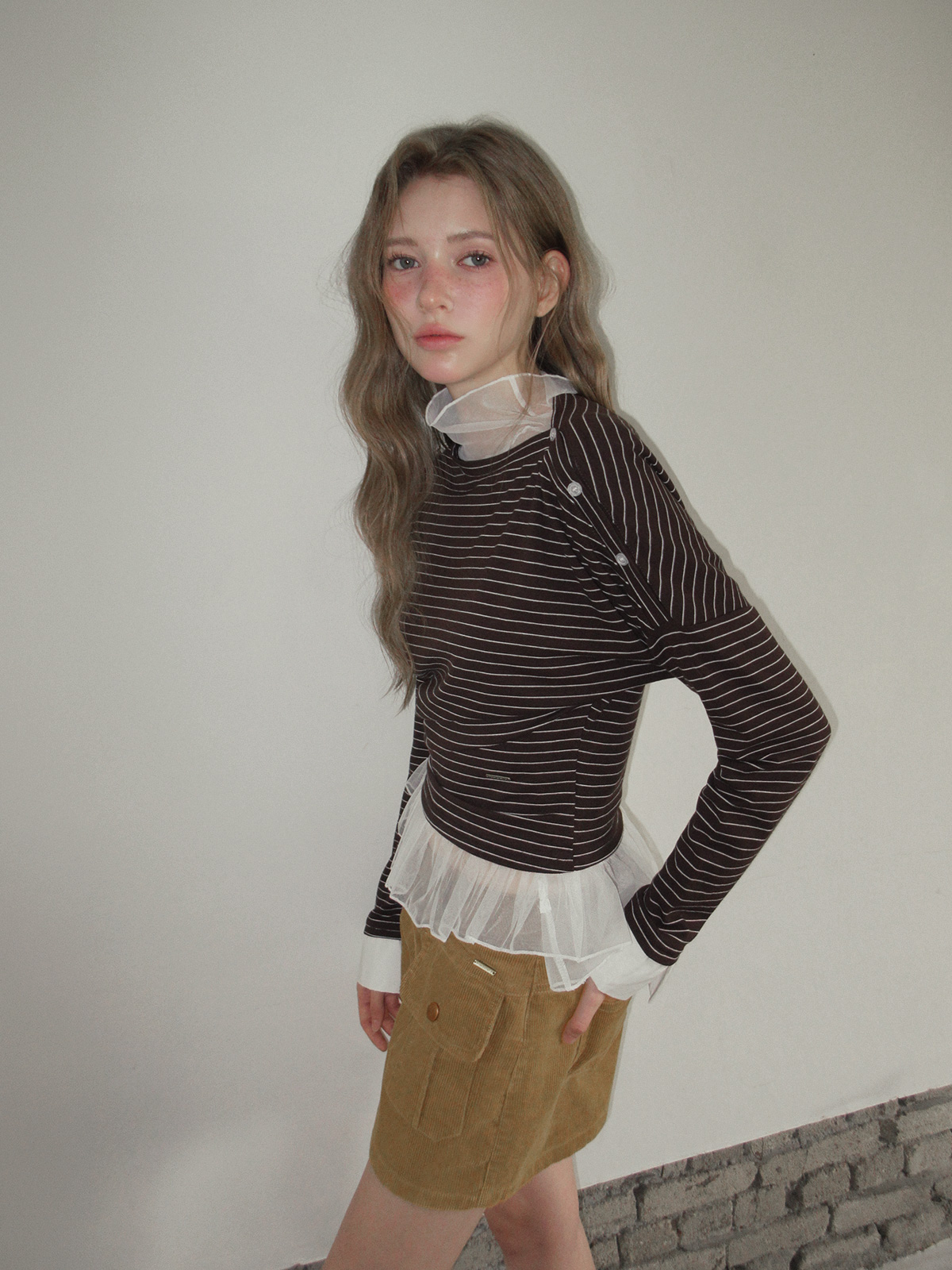 TWEE Ribol shirt contrast button stripe long sleeve T-shirt - Model styling view