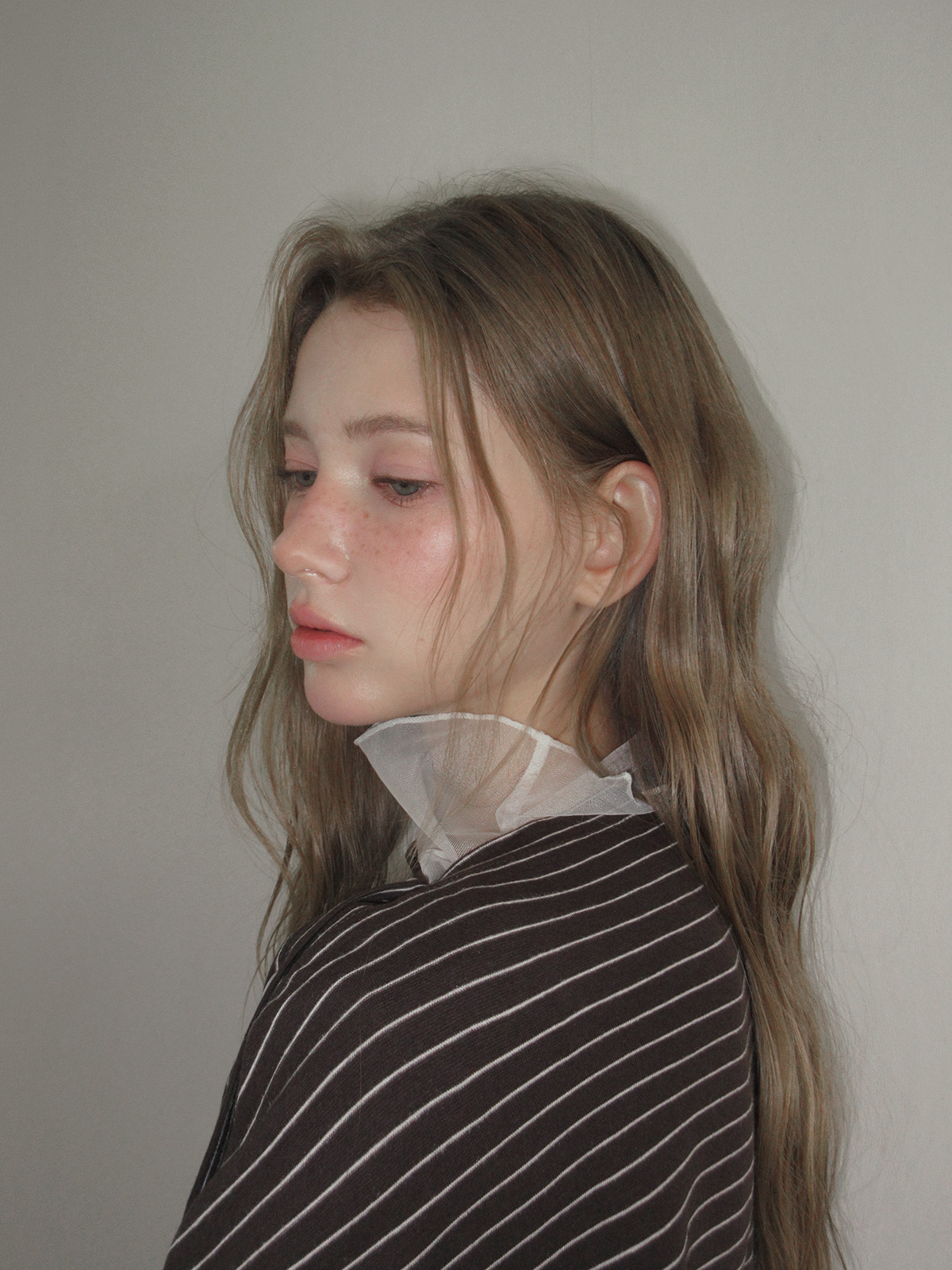 TWEE Ribol shirt contrast button stripe long sleeve T-shirt - Model styling view