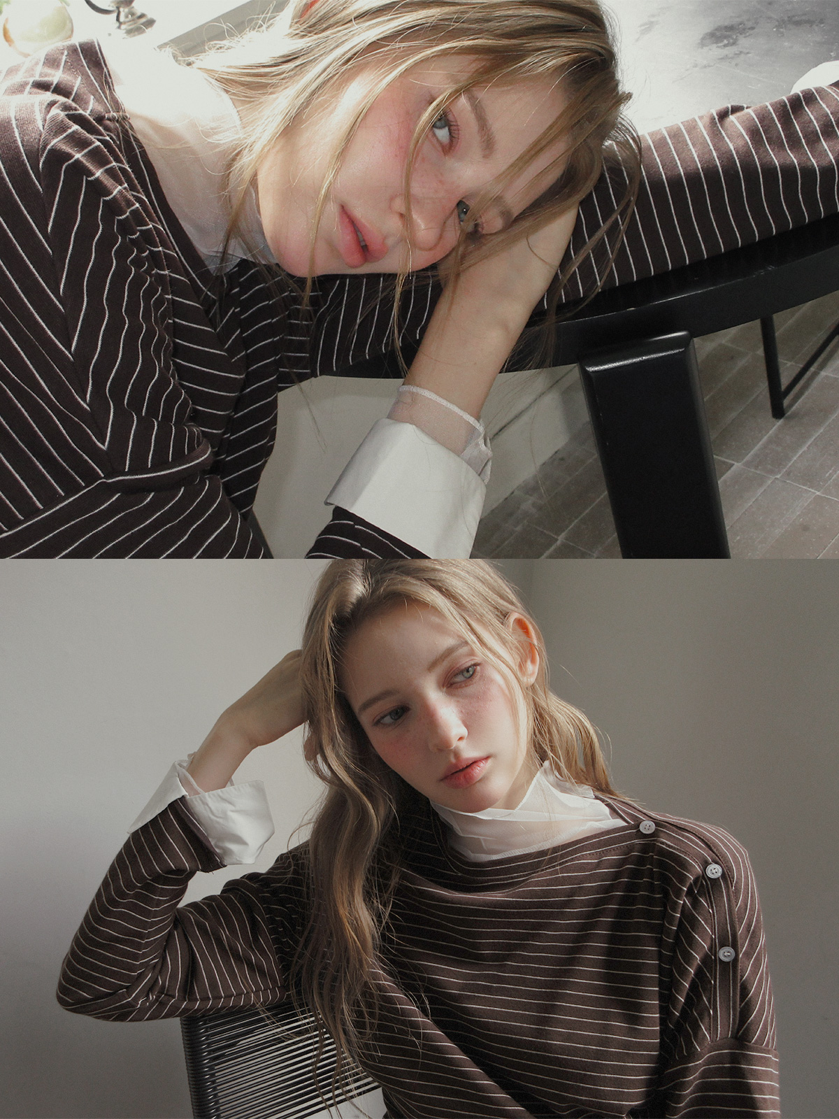 TWEE Ribol shirt contrast button stripe long sleeve T-shirt - Model styling view