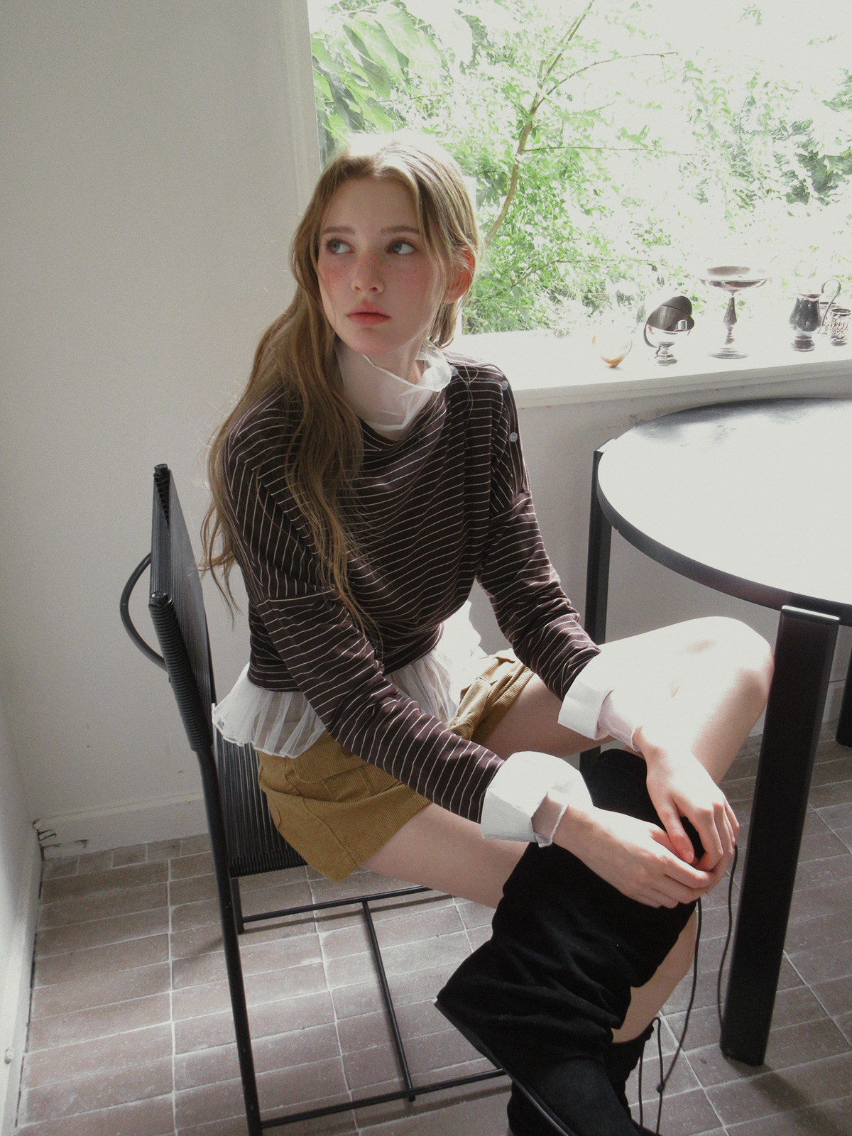 TWEE Ribol shirt contrast button stripe long sleeve T-shirt - Model styling view