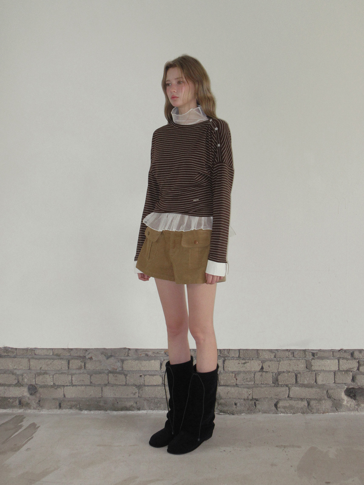 TWEE Ribol shirt contrast button stripe long sleeve T-shirt - Fit and silhouette view