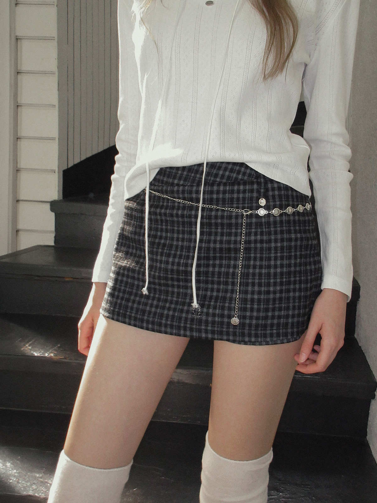 TWEE Baset check mini skirt shorts - Model styling view