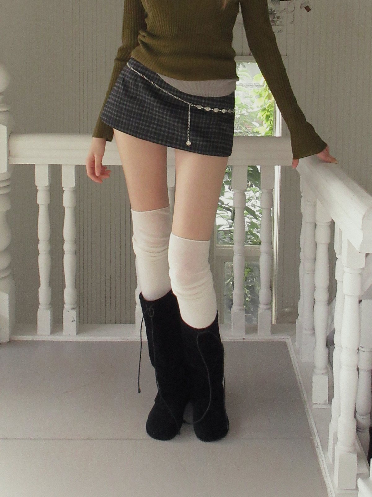 TWEE Baset check mini skirt shorts - Model styling view