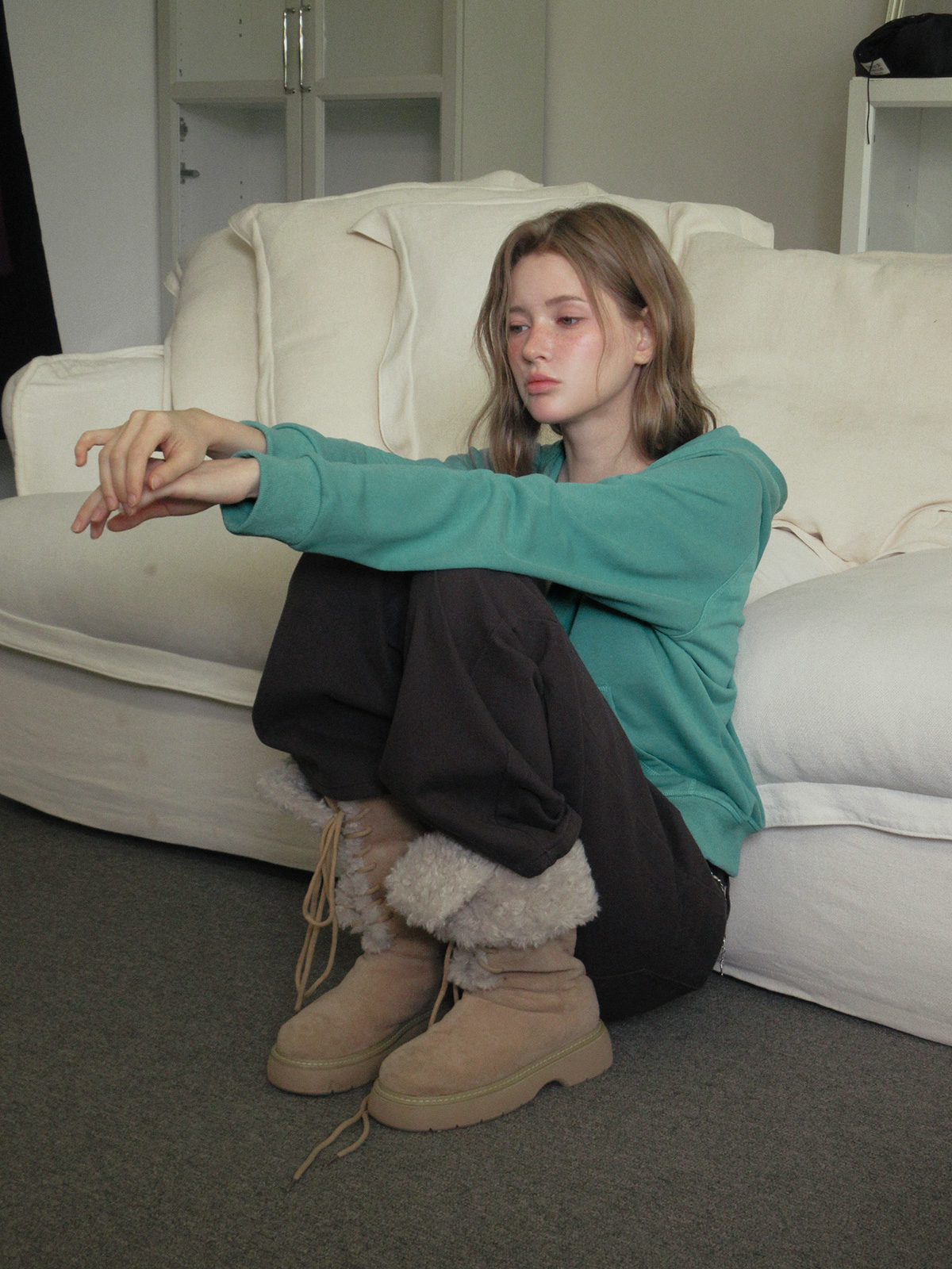 TWEE Wedgis mint hood zip-up - Model styling view
