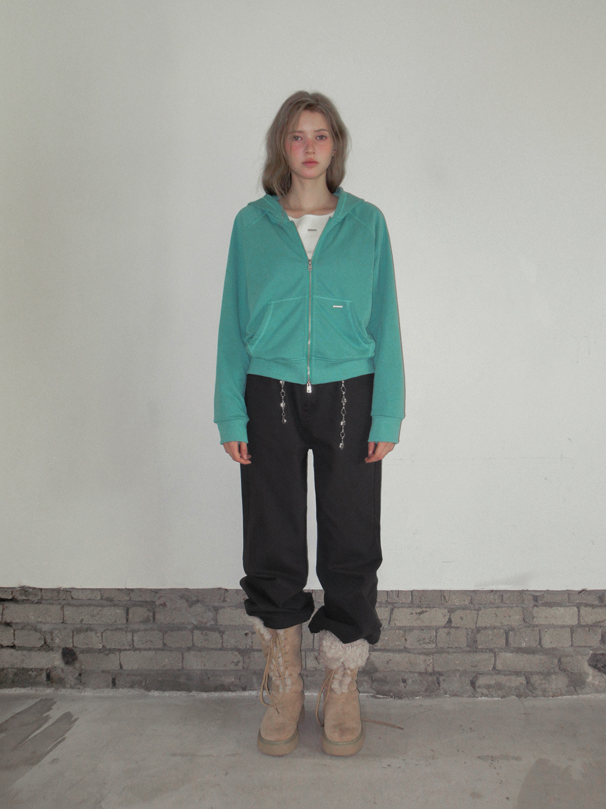 TWEE Wedgis mint hood zip-up - Fit and silhouette view