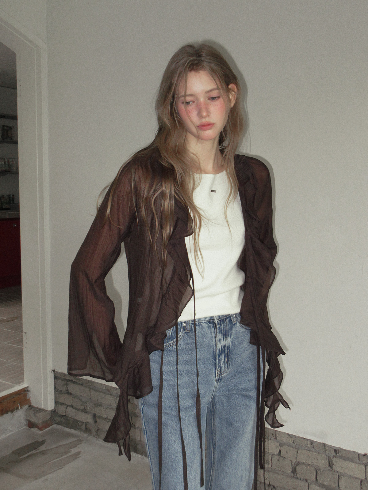 TWEE Torel ruffle chiffon blouse (strap set) - Model styling view