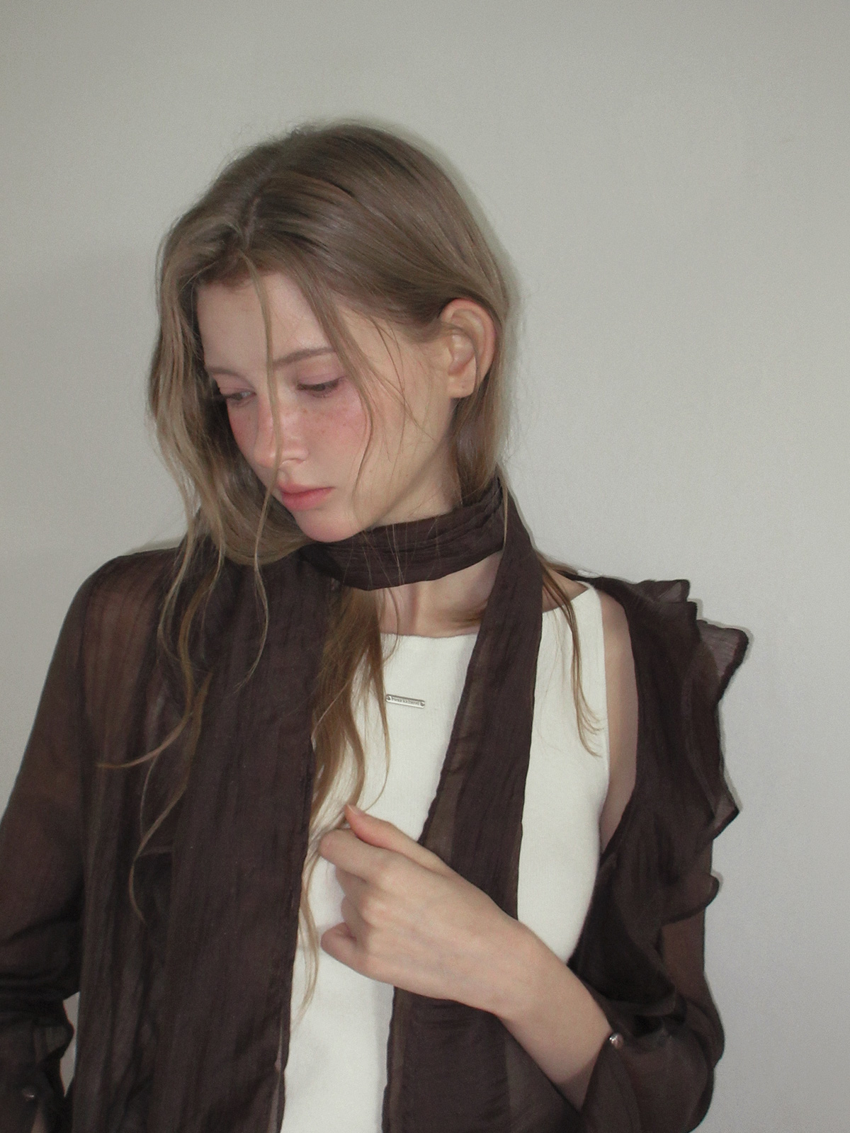 TWEE Torel ruffle chiffon blouse (strap set) - Model styling view
