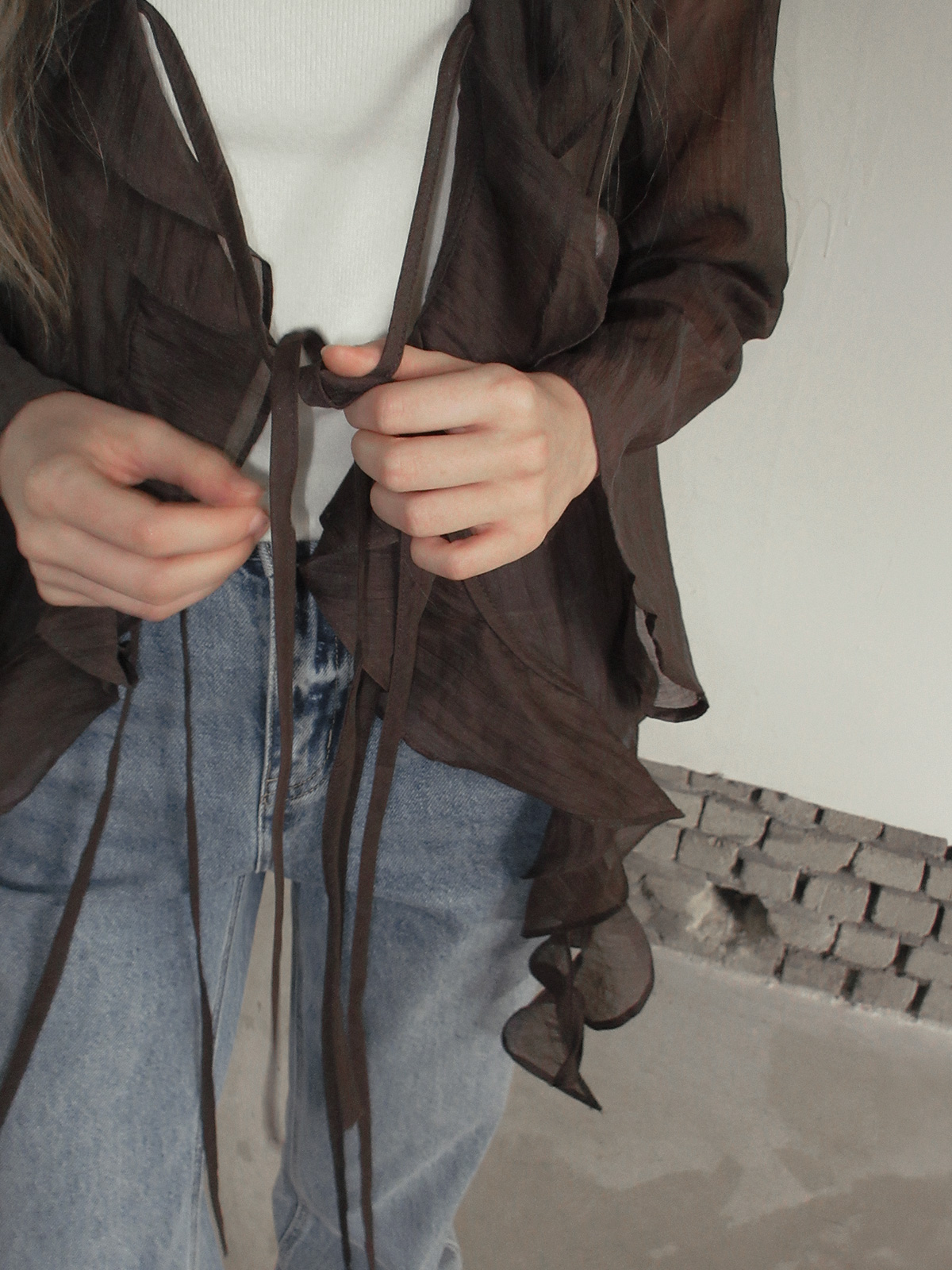 TWEE Torel ruffle chiffon blouse (strap set) - Model styling view