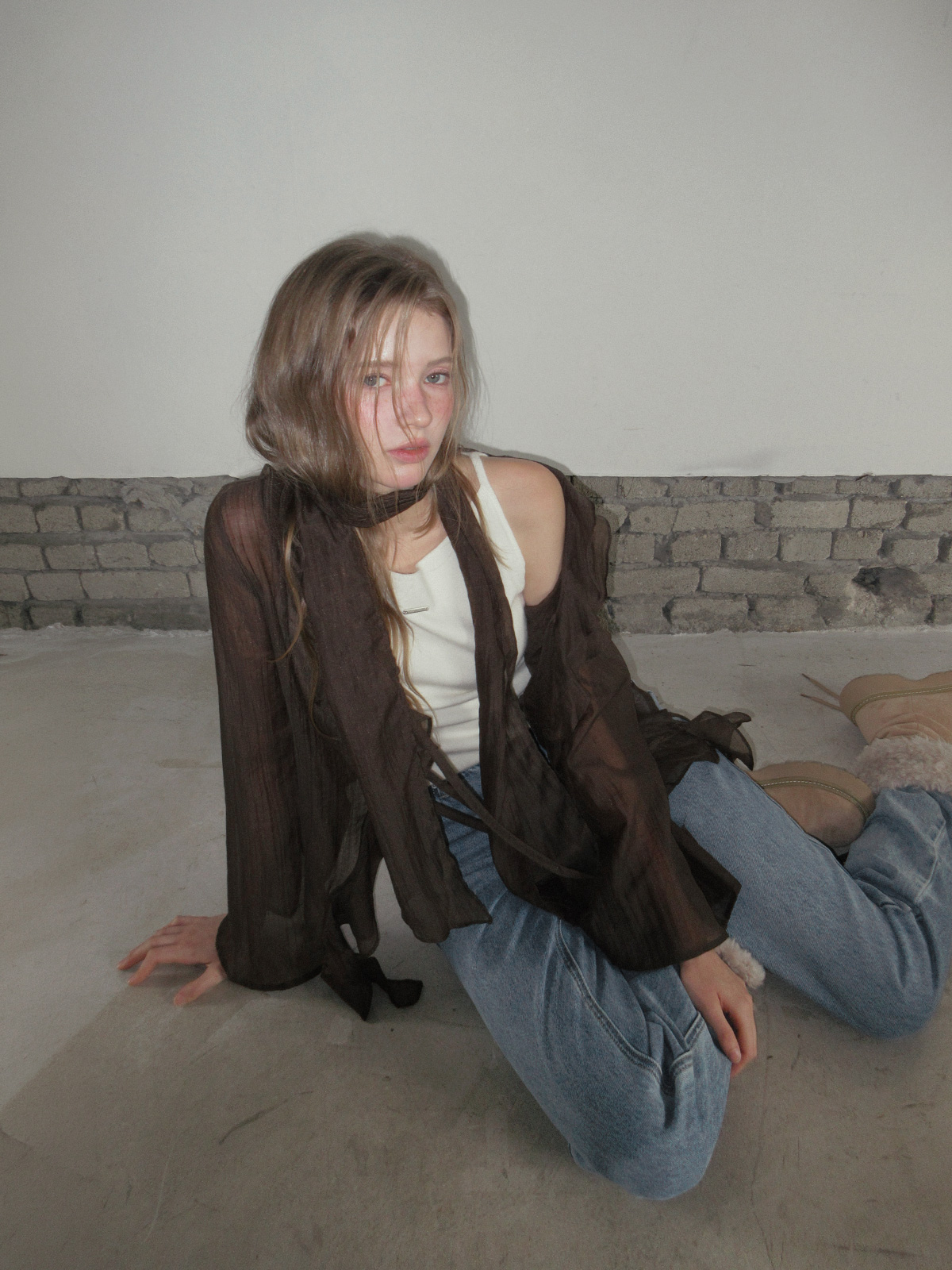 TWEE Torel ruffle chiffon blouse (strap set) - Model styling view