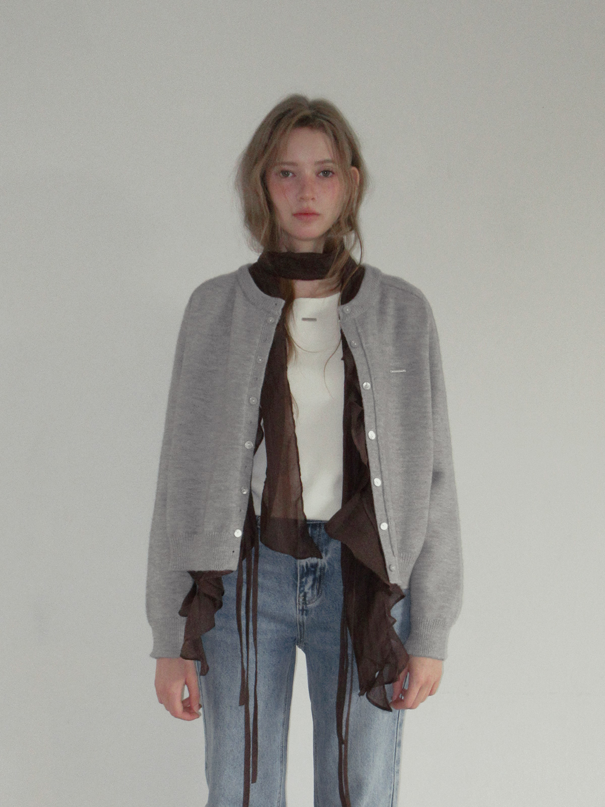 TWEE Ble round neck basic knit long sleeve cardigan - Model styling view