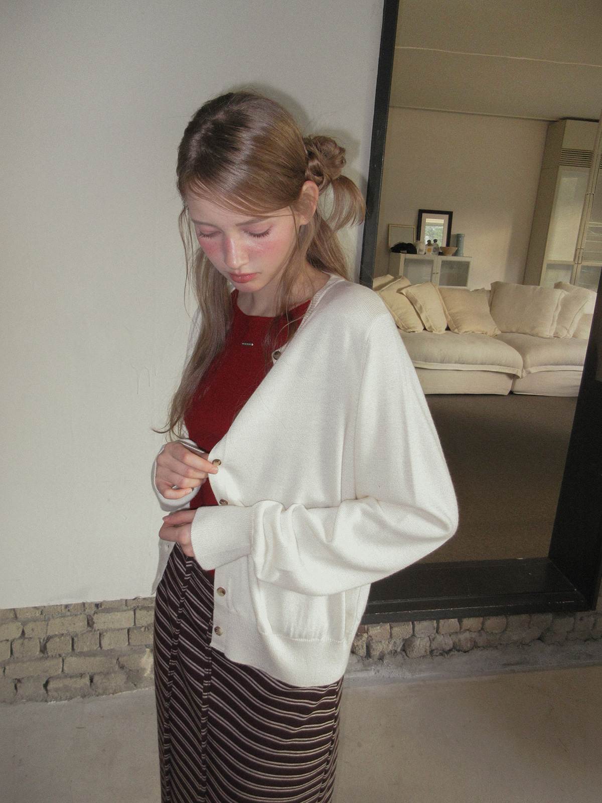 TWEE Ble round neck basic knit long sleeve cardigan - Model styling view