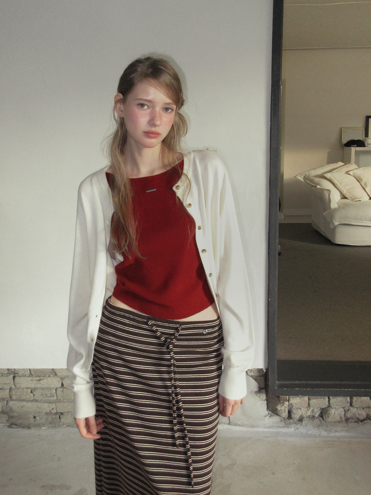 TWEE Ble round neck basic knit long sleeve cardigan - Model styling view