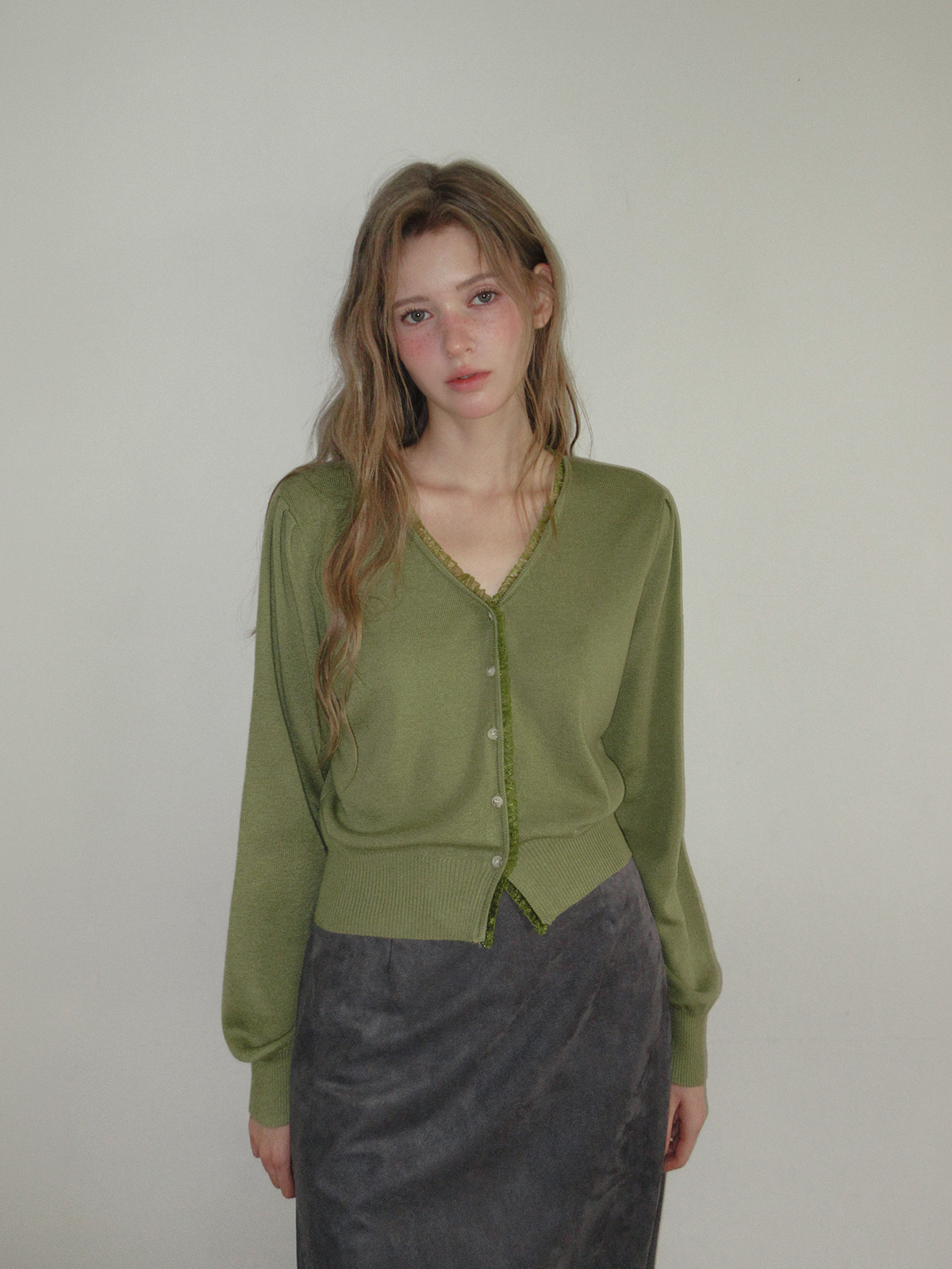 TWEE Derit lace layered V-neck knit long sleeve cardigan - Model styling view