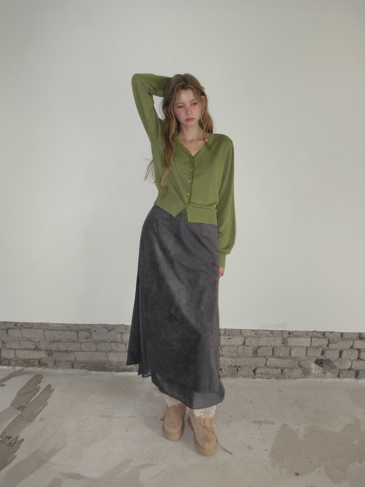 TWEE Derit lace layered V-neck knit long sleeve cardigan - Model styling view