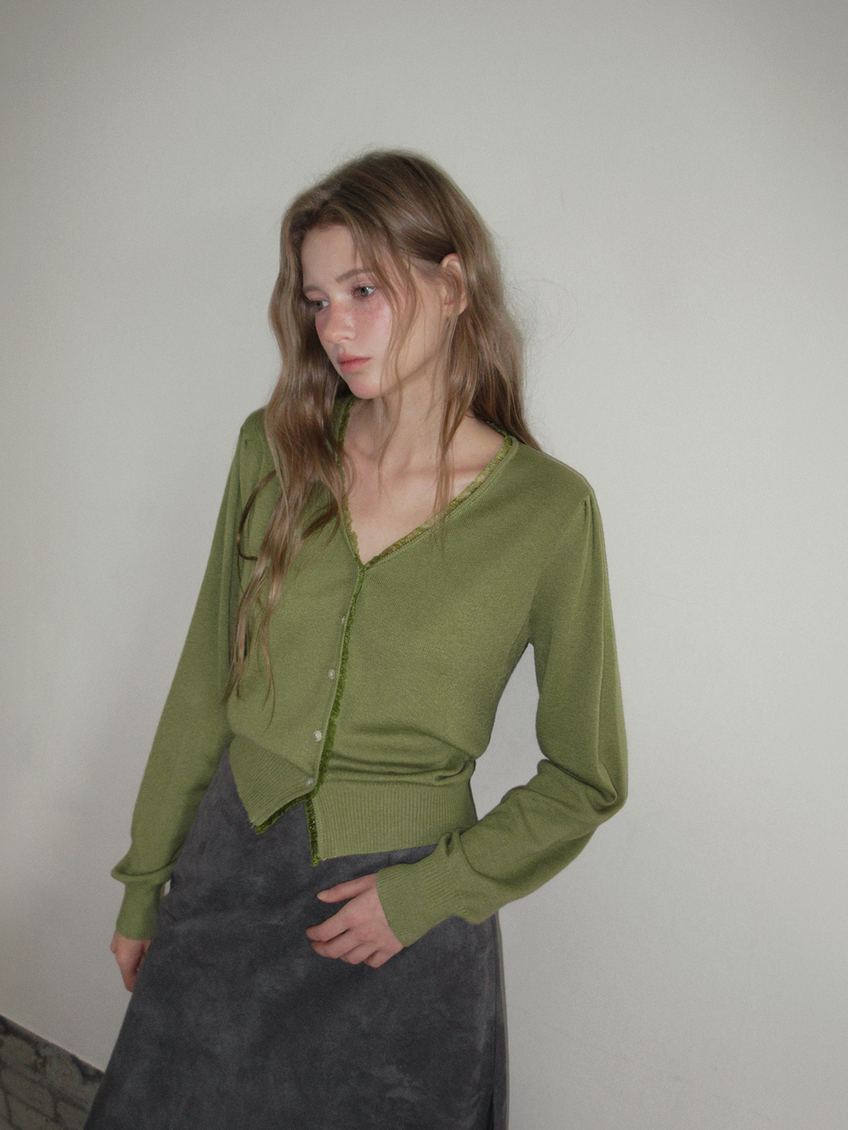 TWEE Derit lace layered V-neck knit long sleeve cardigan - Model styling view
