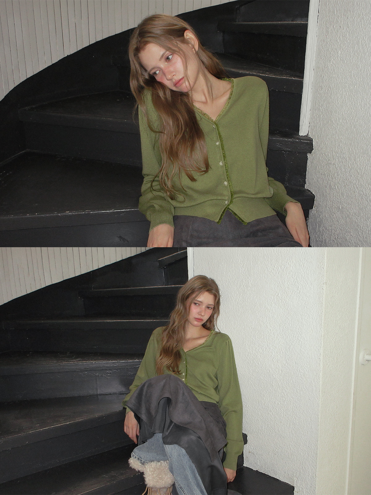 TWEE Derit lace layered V-neck knit long sleeve cardigan - Model styling view