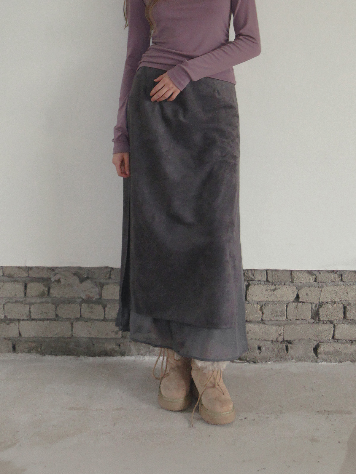 TWEE Benz organza layered suede long skirt - Model styling view