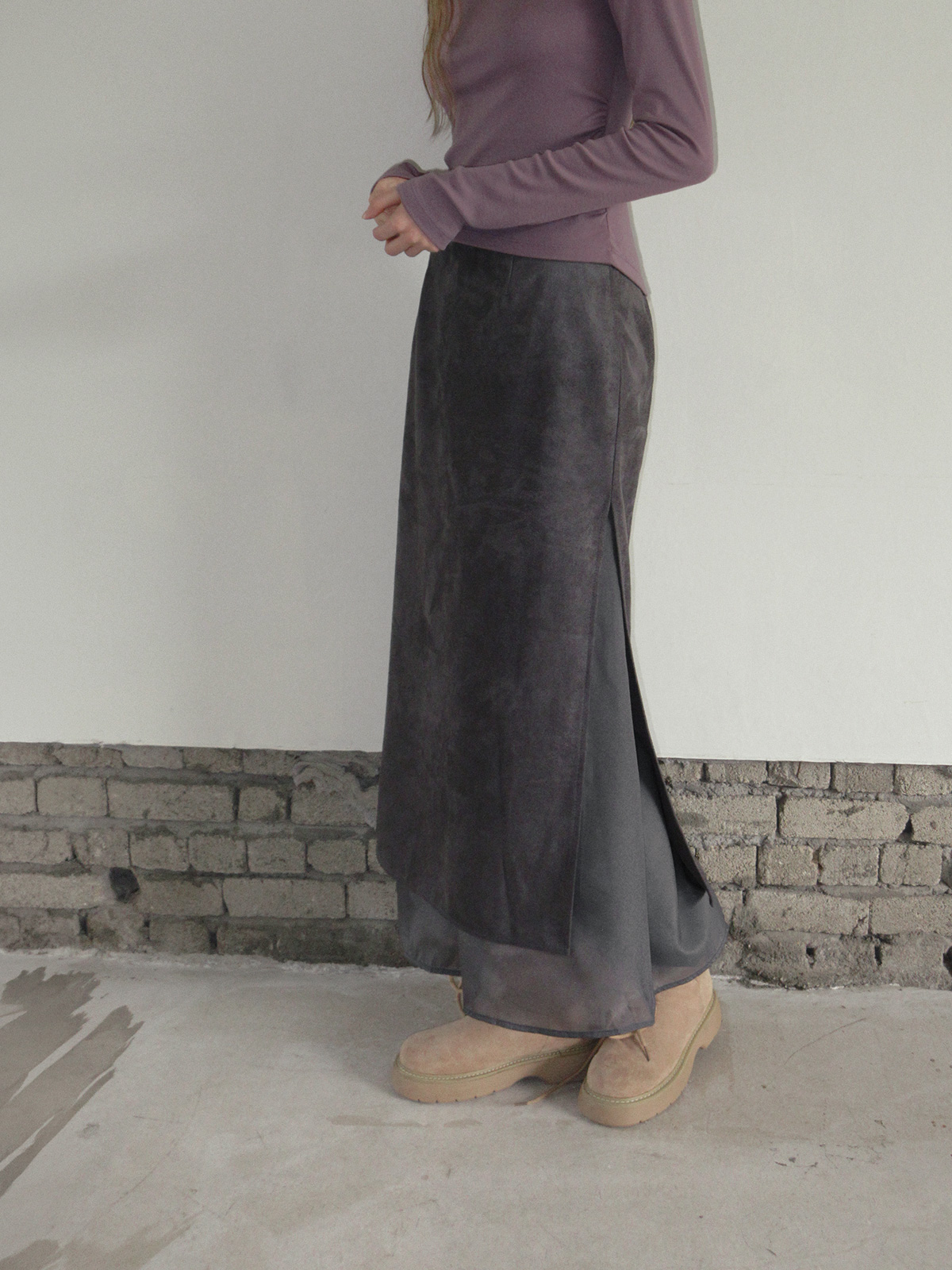 TWEE Benz organza layered suede long skirt - Model styling view