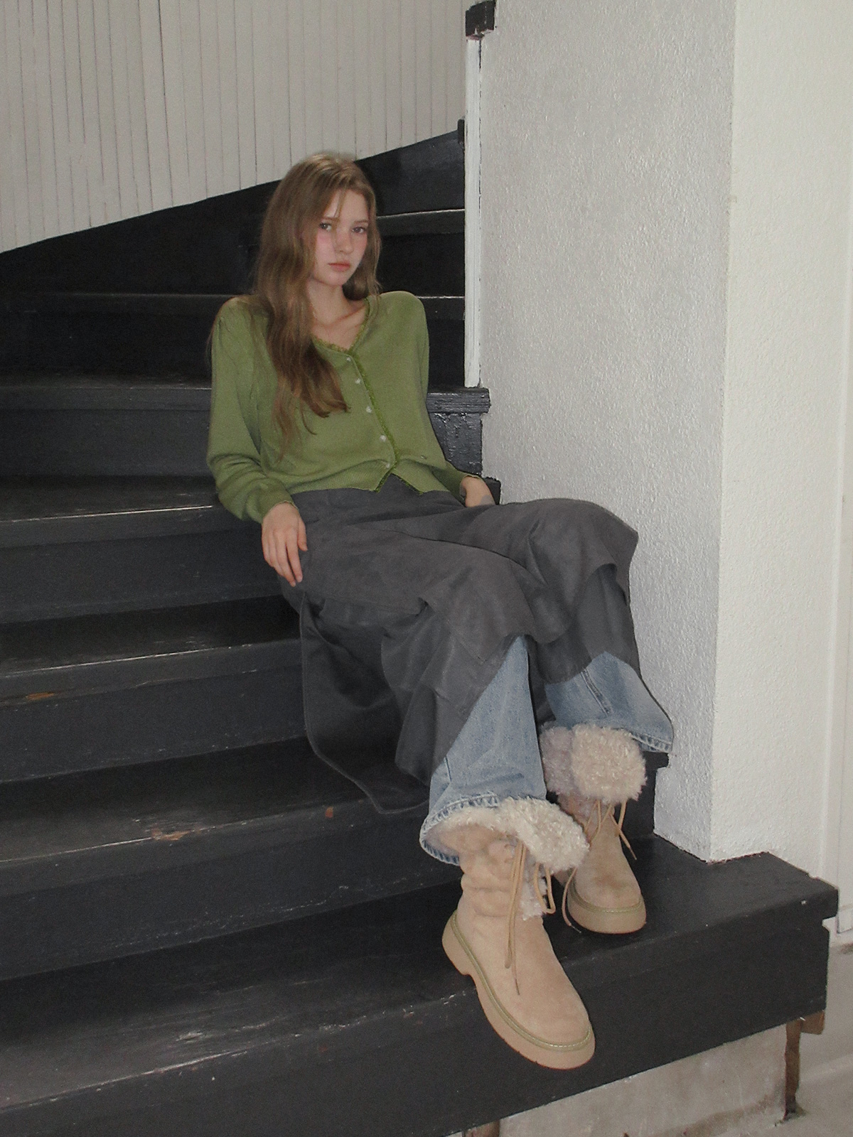 TWEE Benz organza layered suede long skirt - Model styling view