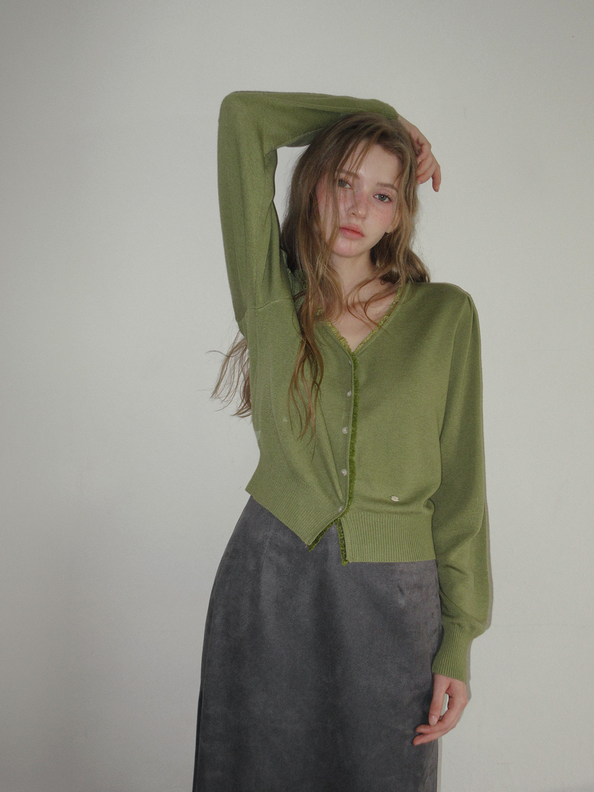 TWEE Benz organza layered suede long skirt - Model styling view