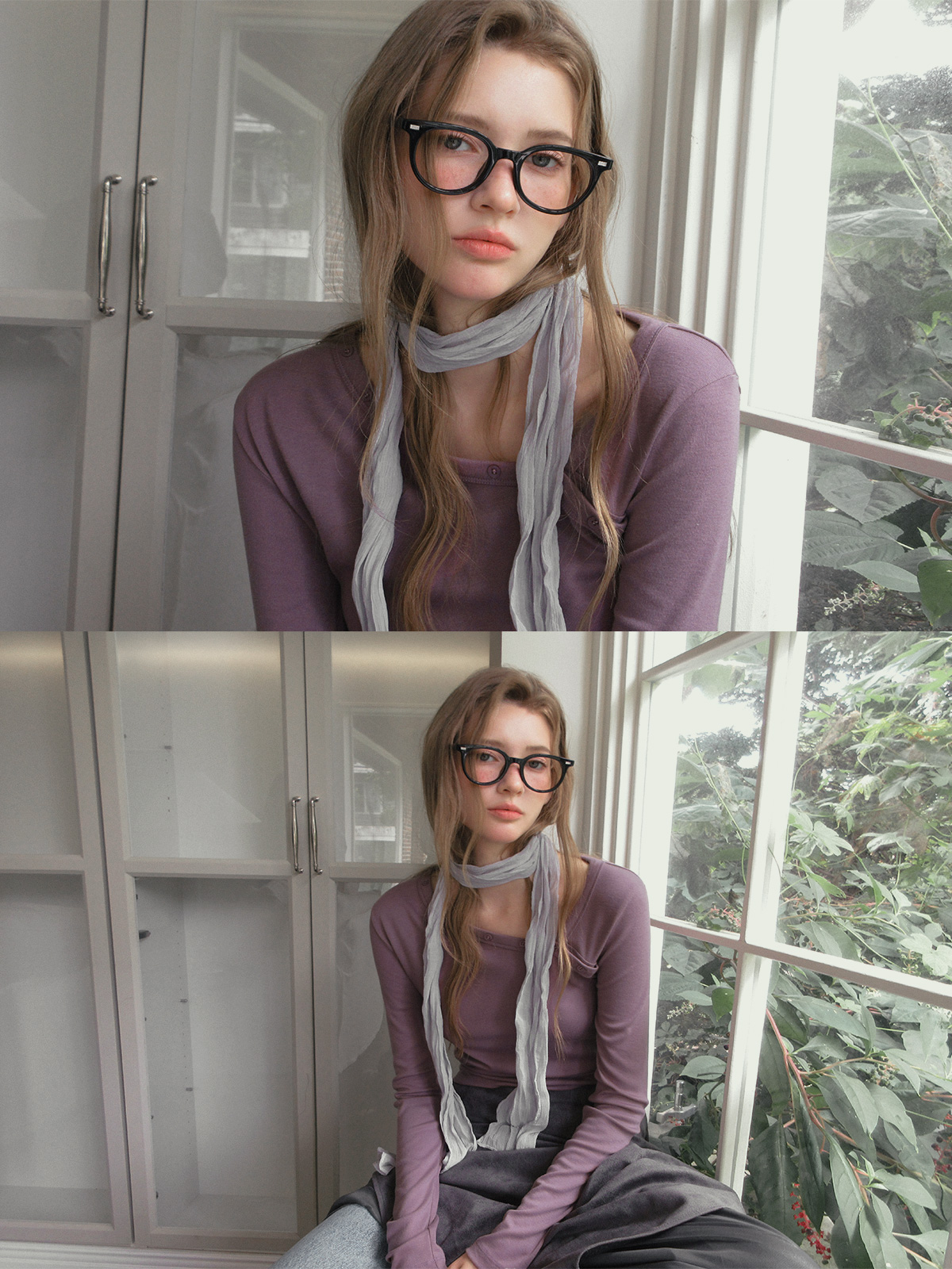 TWEE Rio asymmetric button shirring two-way long sleeve T-shirt - Model styling view
