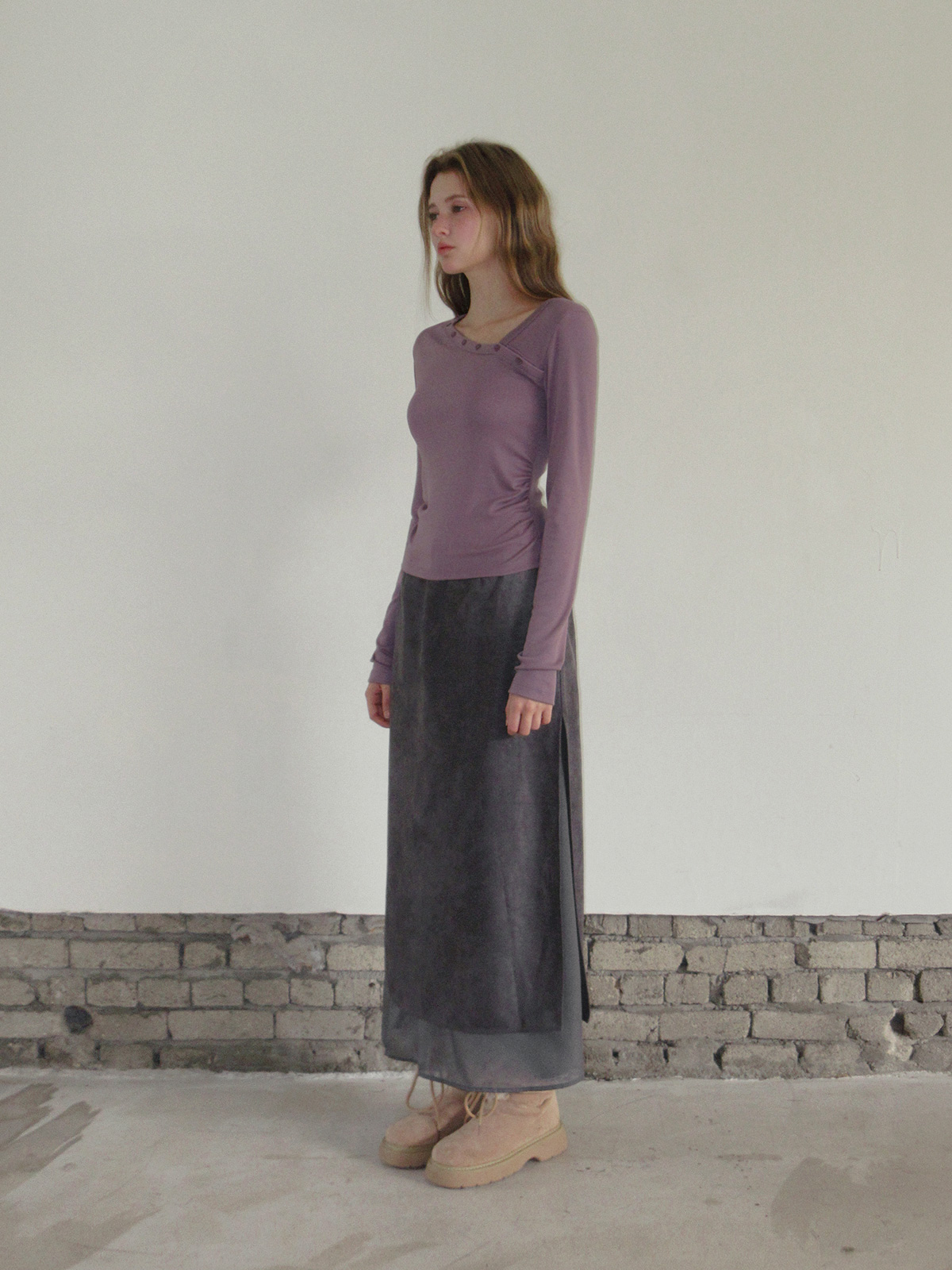 TWEE Rio asymmetric button shirring two-way long sleeve T-shirt - Fit and silhouette view