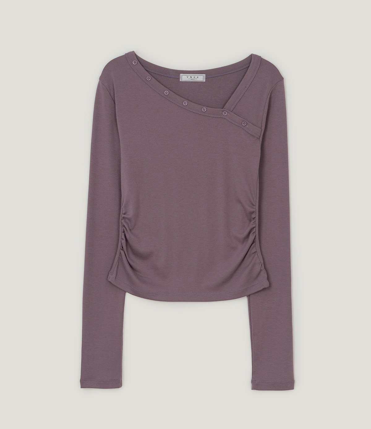TWEE Rio asymmetric button shirring two-way long sleeve T-shirt - Product detail view