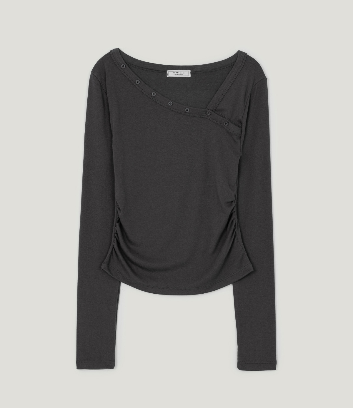 TWEE Rio asymmetric button shirring two-way long sleeve T-shirt - Product detail view