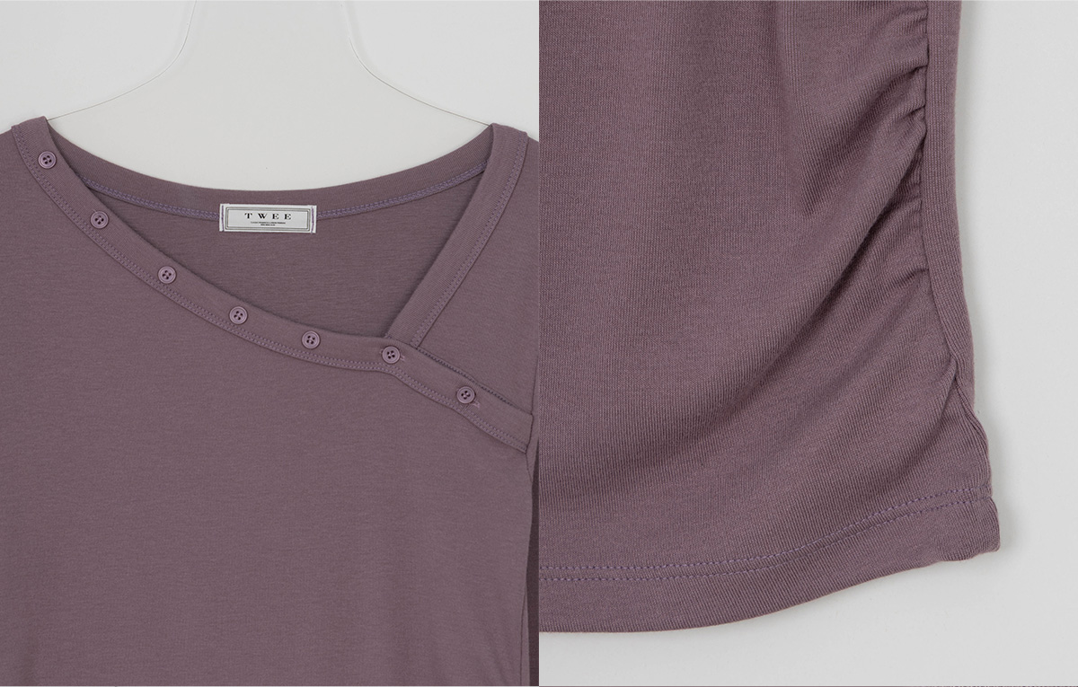 TWEE Rio asymmetric button shirring two-way long sleeve T-shirt - Fabric and construction close-up