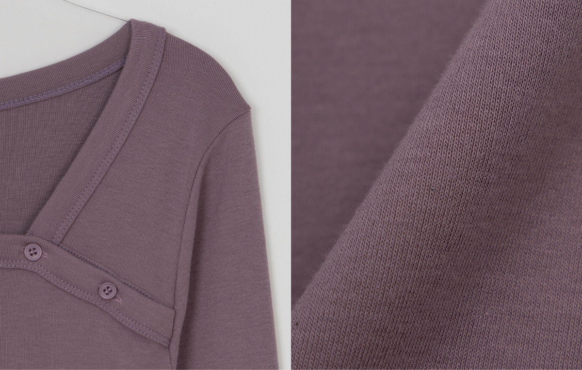 TWEE Rio asymmetric button shirring two-way long sleeve T-shirt - Fabric and construction close-up