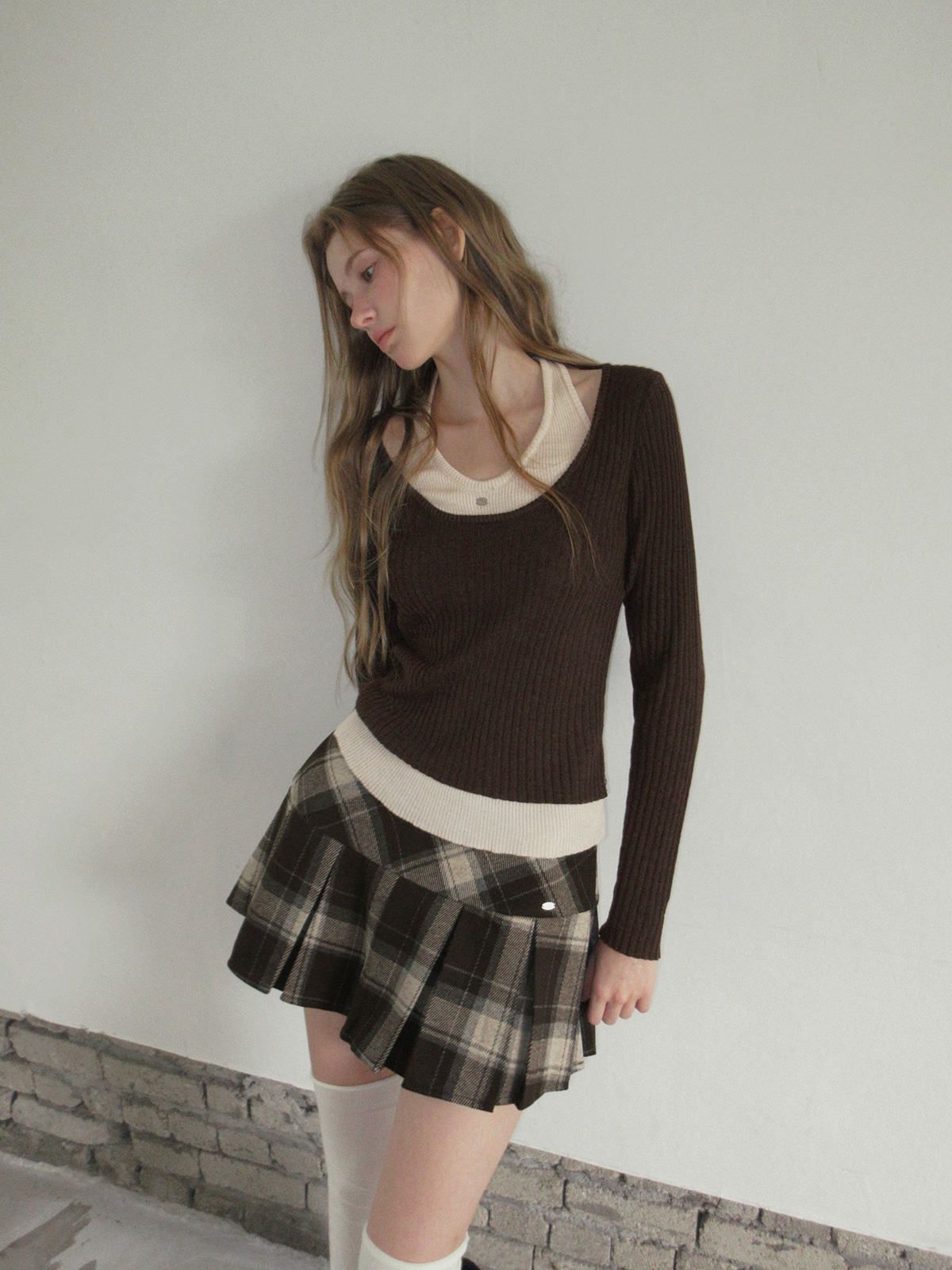 TWEE Kellon halter layered long sleeve knit - Model styling view