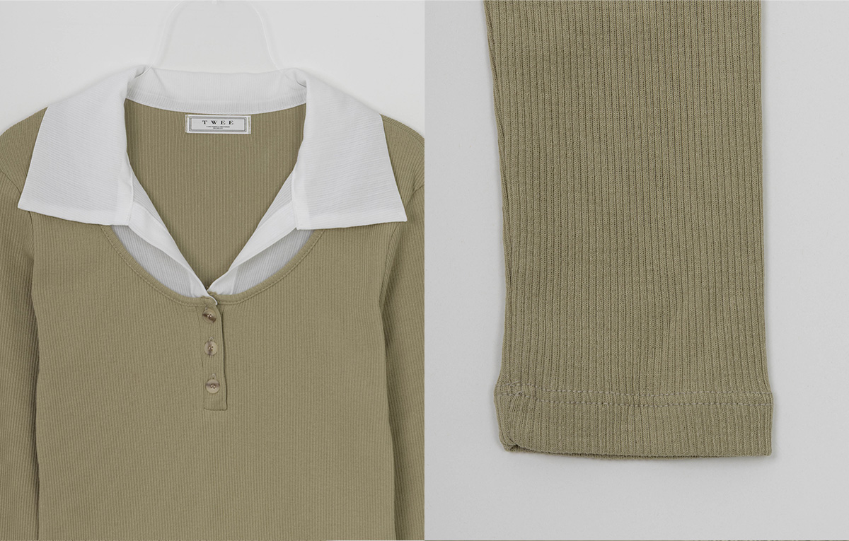 TWEE Keller contrast collar ribbed long sleeve T-shirt - Fabric and construction close-up
