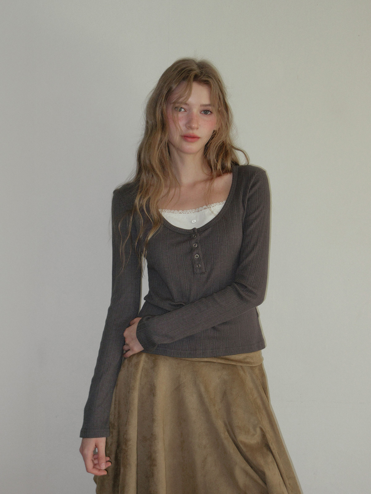 TWEE Runki layered button long sleeve T-shirt - Model styling view