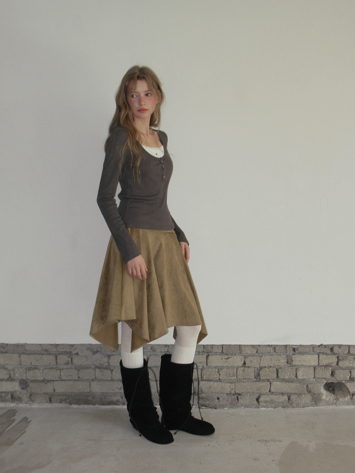 TWEE Runki layered button long sleeve T-shirt - Model styling view