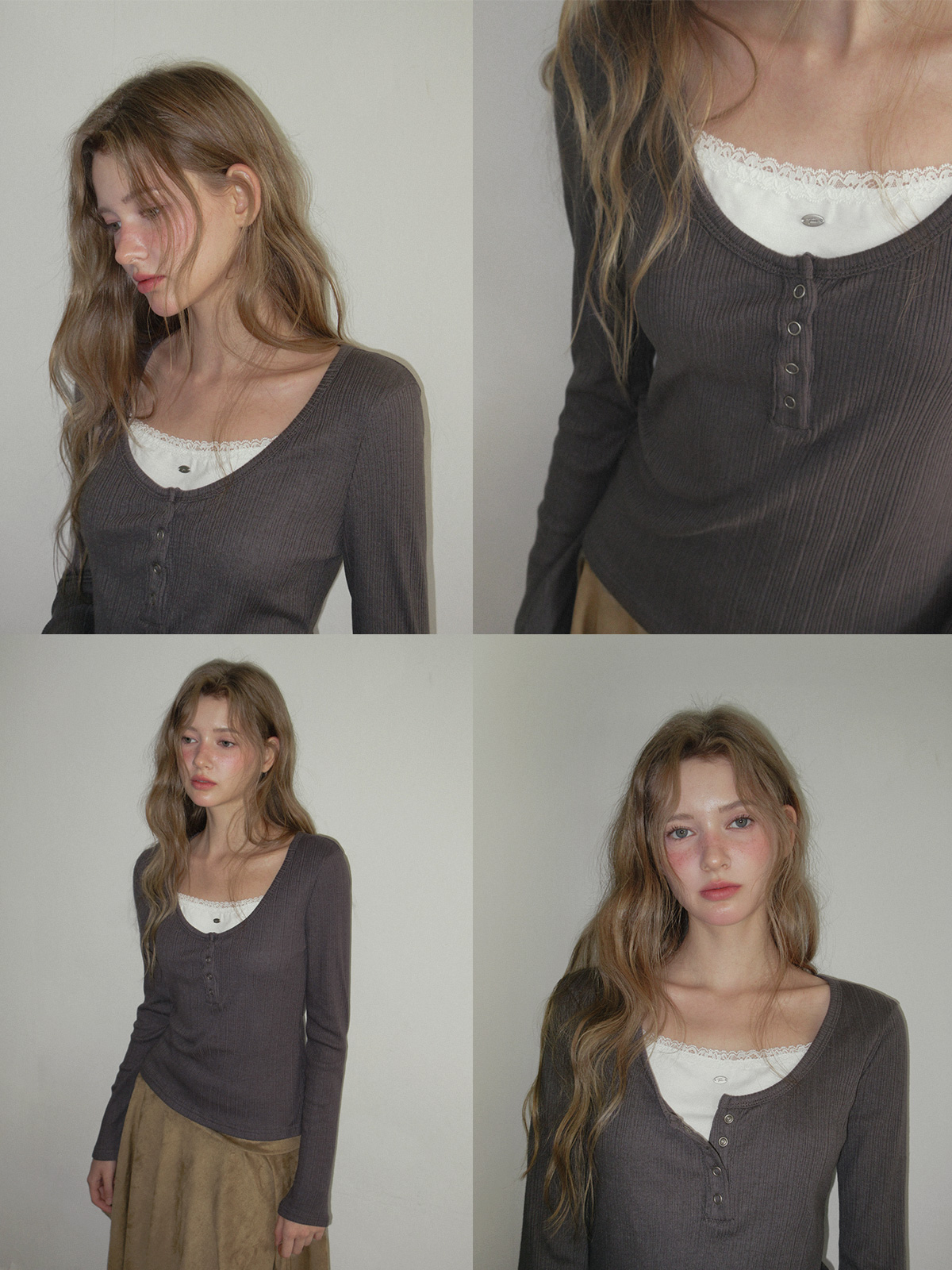 TWEE Runki layered button long sleeve T-shirt - Model styling view