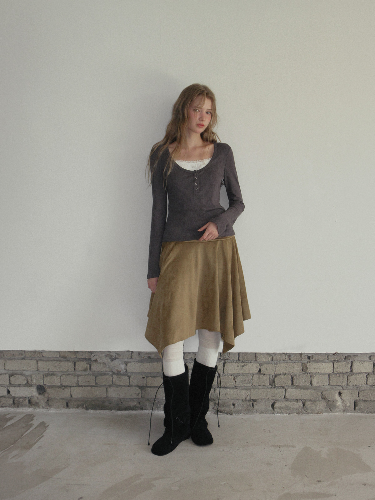 TWEE Runki layered button long sleeve T-shirt - Model styling view