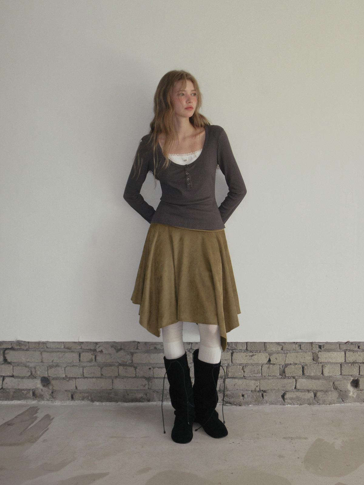 TWEE Runki layered button long sleeve T-shirt - Model styling view