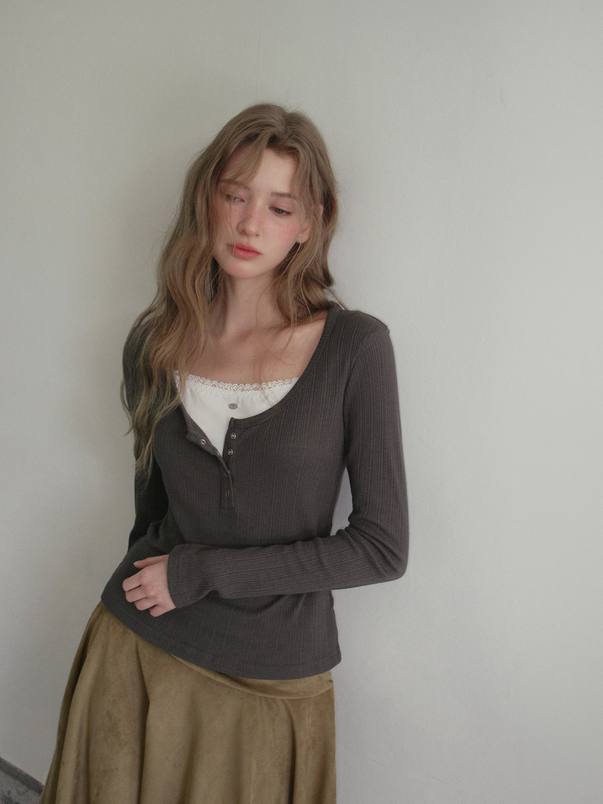 TWEE Runki layered button long sleeve T-shirt - Model styling view