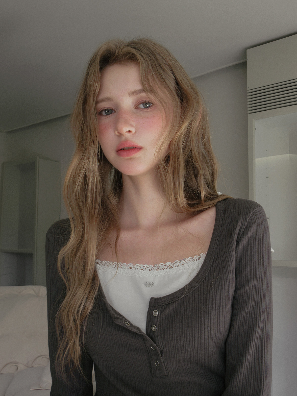 TWEE Runki layered button long sleeve T-shirt - Model styling view
