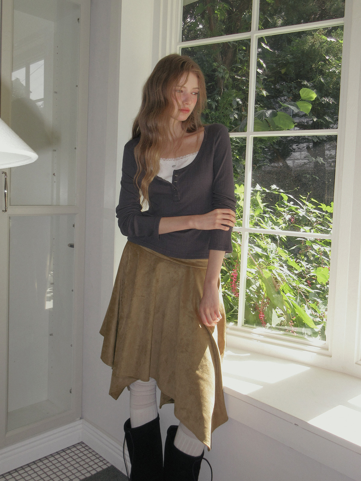 TWEE Runki layered button long sleeve T-shirt - Model styling view