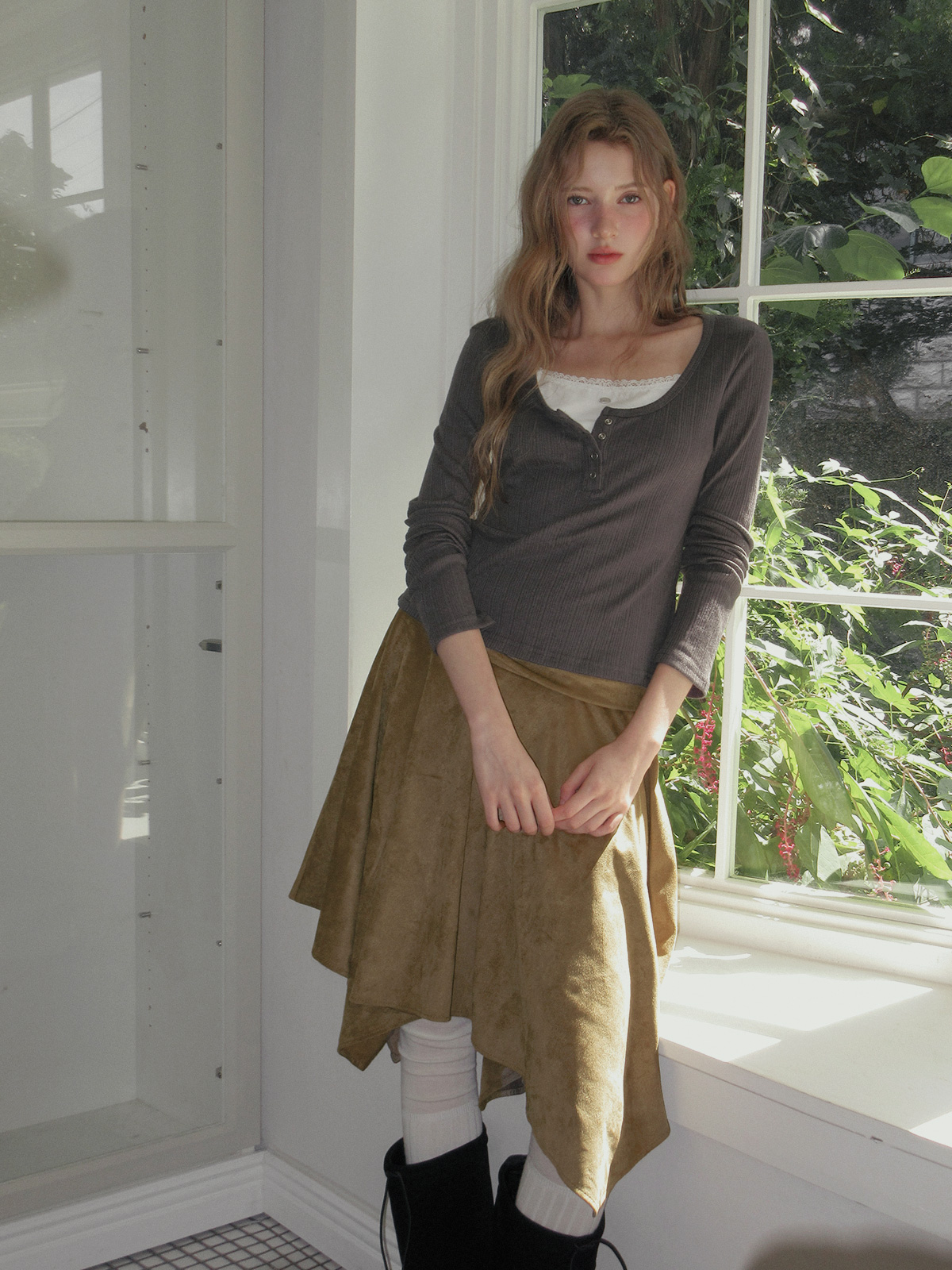 TWEE Runki layered button long sleeve T-shirt - Model styling view