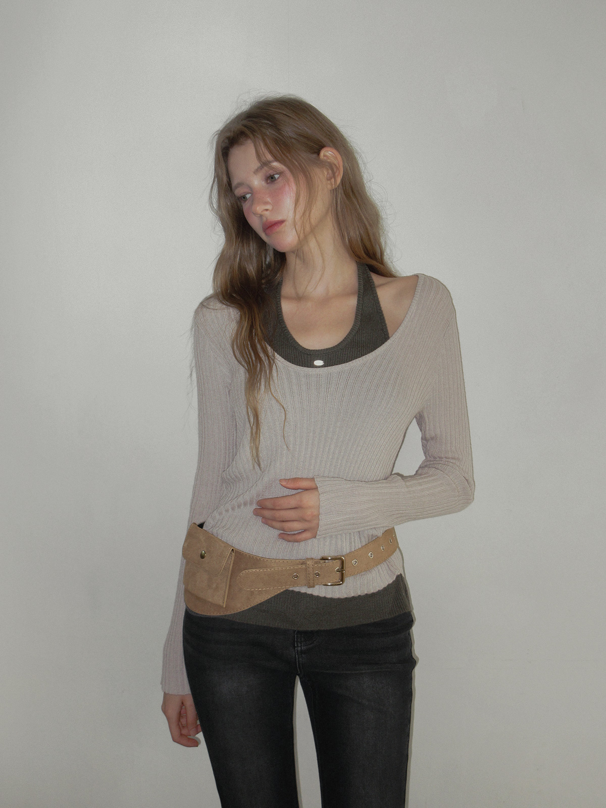 TWEE Besit halter layered long sleeve knit - Model styling view