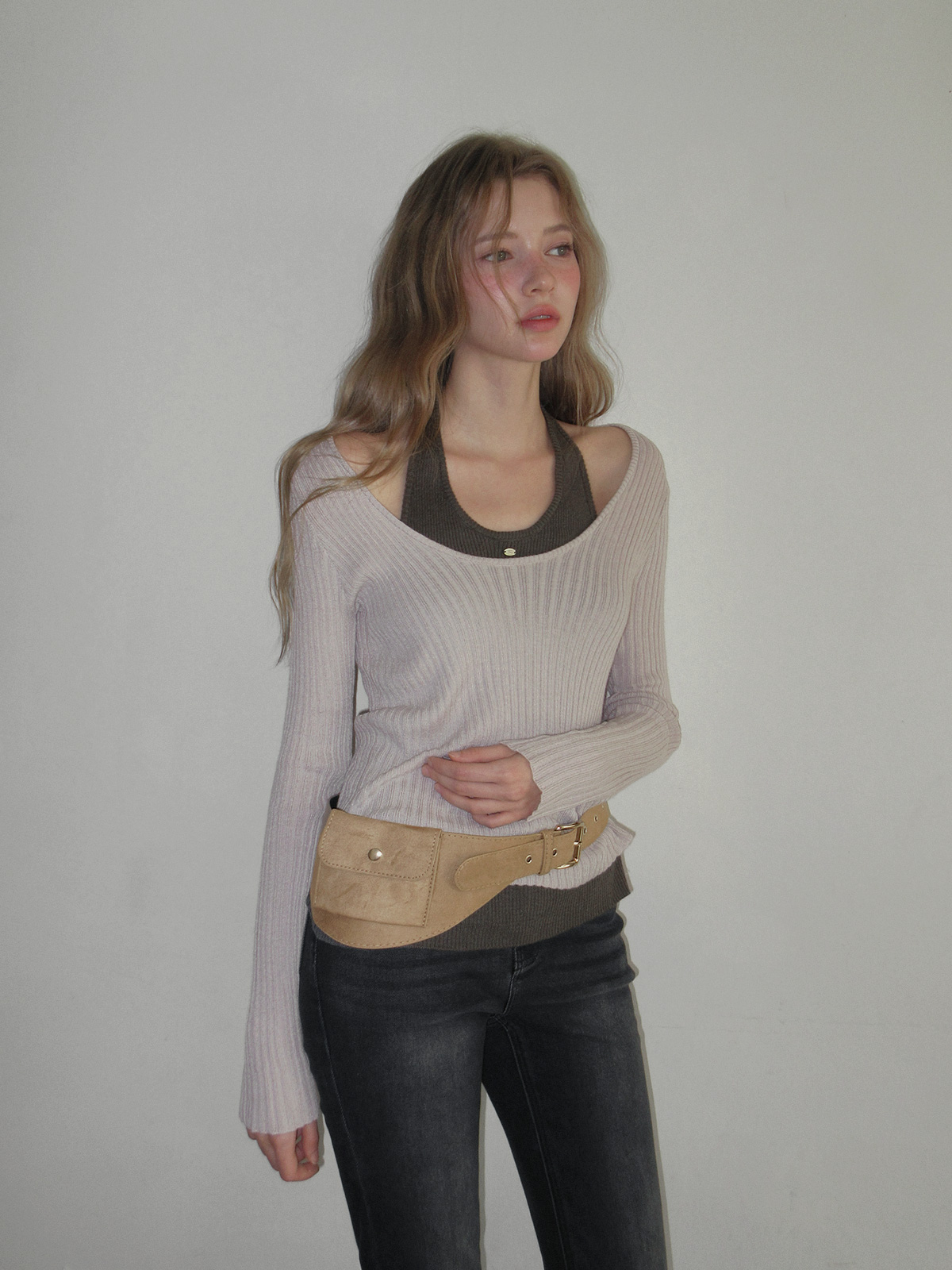 TWEE Besit halter layered long sleeve knit - Model styling view