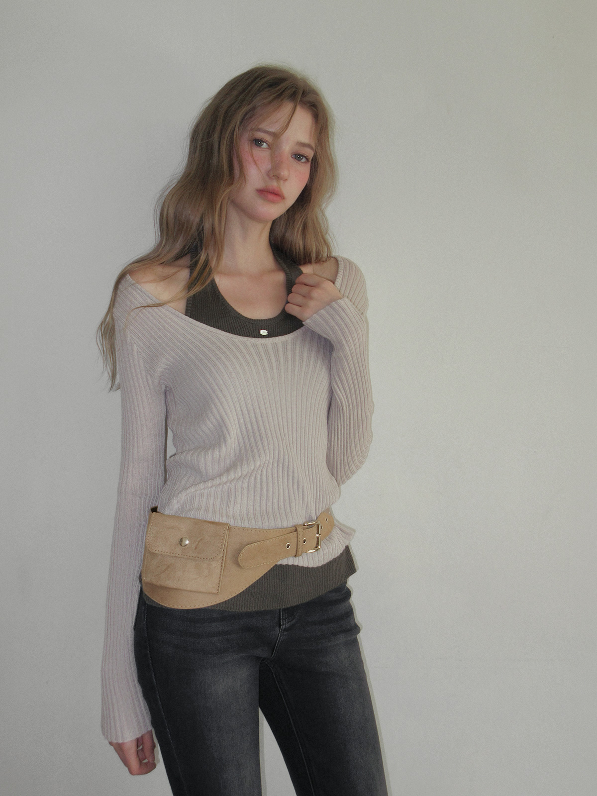 TWEE Besit halter layered long sleeve knit - Model styling view